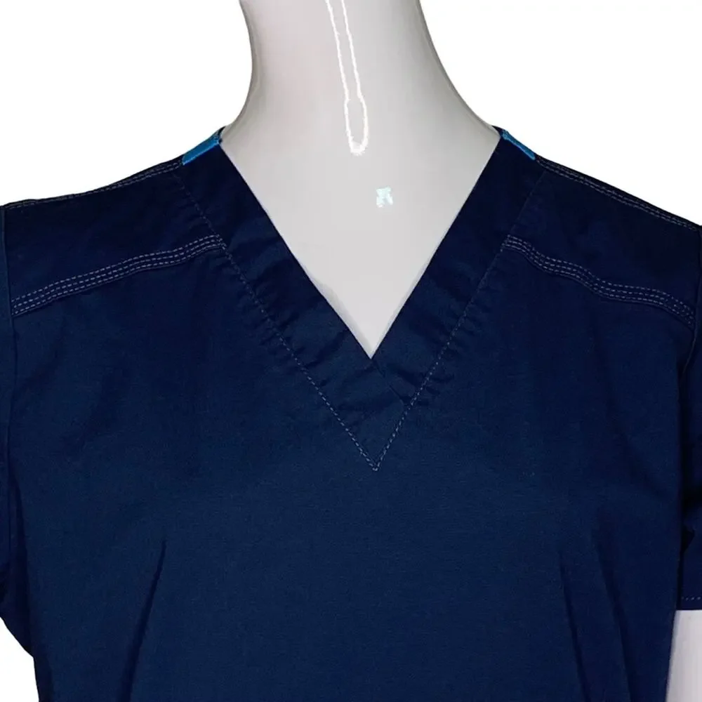 Wonder Flex Scrub Top Navy Blue Front Patch Pockets Size M